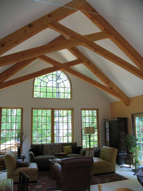 Private Residence - Scissor Trusses Scissor Truss Ceiling, Exposed Roof Trusses, Truss Ceiling, Lakehouse Living Room, Ceilings Ideas, Scissor Truss, Timber Trusses, Exposed Trusses, Roof Truss Design