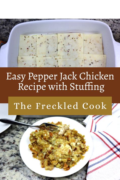 If you're looking for a delicious and satisfying dish that combines tender chicken breast, gooey pepper jack cheese, and savory stuffing, you're in the right place. Get ready to enjoy this delightful Easy Pepper Jack Chicken Recipe with Stuffing! Pepperjack Chicken And Stuffing, Pepper Jack Cheese Chicken, Pepperidge Farm Stuffing Recipes Chicken, Stovetop Stuffing Chicken Bake, Recipe With Stuffing, Pepper Jack Chicken, Jack Chicken, Bbq Chicken Pasta, Chicken Cornbread