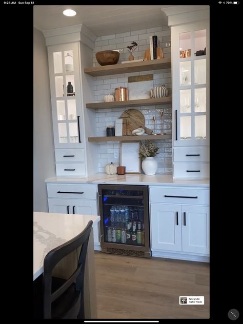 Kitchen Beverage Station Open Shelves, Built In Hutch Dining Room, Built In Buffet Cabinet, Coffee Bar Built In, Beverage Station Kitchen, Living Room Storage Unit, Fridge Wall, Small Kitchen Pantry, Built In Buffet