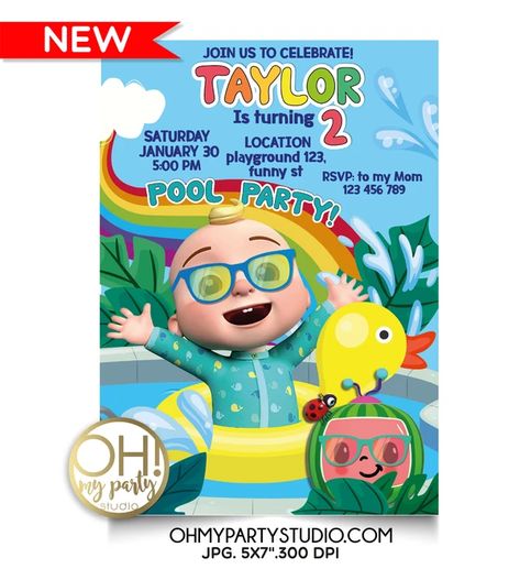 Cocomelon Pool Party, Cocomelon Invite, Cocomelon Birthday Party, Pool Party Ideas, Zombie Birthday Parties, Pool Party Birthday Invitations, Cocomelon Birthday, Zombie Birthday, Mom Party