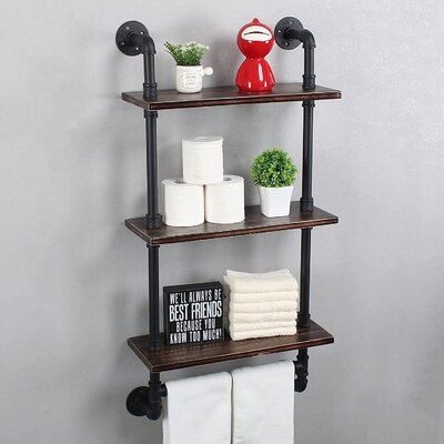 Industrial Towel Rack With Towel Bar,19.6" Rustic Bathroom Shelves Wall Mounted,3 Tiered Farmhouse Pipe Wall Shelf,Metal&Wood Floating Shelves,Home Decor Towel Holder. Finish: Black Farmhouse Towel Rack, Industrial Towel Rack, Industrial Pipe Shelf, Rustic Bathroom Shelves, Tiered Shelf, Pipe Shelf, Industrial Pipe Shelves, Over Toilet, Shelves Wall