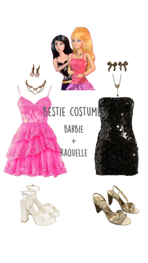 Blonde Easy Halloween Costumes, Raquel Costume, Iconic Dous, Raquelle Barbie Outfits, Barbie And Raquelle Costume, 2 People Halloween Costumes, Season Costumes, Barbie And Raquelle, Barbie Halloween Costume