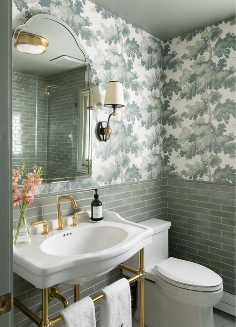 Wc Decoration, House Laundry Room, Room Accent Wall, Sandberg Wallpaper, Fireclay Tile, Gold Fixtures, Shower Fixtures, Bathroom Renos, Laundry Room Design