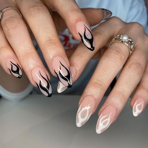 Natasha on Instagram: "Monochrome flames 🔥 Using @nailorder Xtensions Prepped using @lilly.beau - NATASHA5" Black French Tips, Almond Nails Designs, Almond Nail, 1 800, Almond Nails, Almond, Nail Designs, Gym, Nails