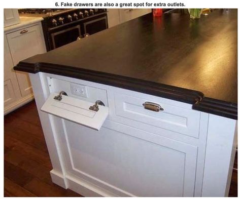 Fake drawer fronts make a good spot to hide outlets, either AC or USB Hidden Outlets, Kitchen Outlets, White Kitchen Traditional, Classic White Kitchen, Diy Casa, Kitchen Redo, Counter Tops, Kitchen Remodel Idea, Traditional Kitchen