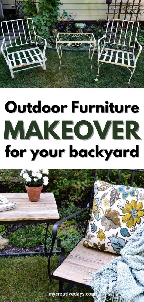 This easy DIY outdoor furniture makeover is the perfect cheap backyard idea and outdoor patio décor on a budget. In this DIY furniture tutorial, we’re sharing how to upcycle old patio chairs and table into a chic refurbished outdoor patio set. Upcycled Outdoor Furniture, Patio Set Makeover, Patio Chairs Makeover, Cheap Backyard Ideas, Outdoor Furniture Makeover, Garden Ideas Patio, Metal Patio Chairs, Furniture On A Budget, Diy Outdoor Patio