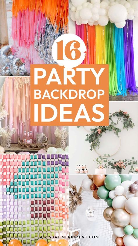 Looking to add some fun decorations to your next party? Photo and table backdrops are perfect with maximum impact! You're not just limited to photos and tables either... I've complied some of my favourite party backdrops for you. Most of them are DIY and crafts or easy enough to replicate yourself. Head over to the blog for your dose of inspo! A Visual Merriment | #party #photo #backdrop Budget Friendly Backdrop Ideas, No Balloons Birthday Decoration, Party Decor No Balloons, Diy First Birthday Backdrop, Cheap Backdrop Ideas Diy Backgrounds, Unique Backdrop Ideas, Easy Party Backdrop, Dyi Wall Decor, Diy Party Backdrop