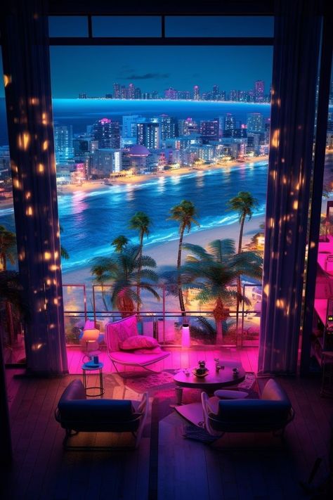 Cyberpunk Beach, Vice Aesthetic, Beach House Balcony, Karaoke Lounge, City Balcony, Nightlife Club, Neon Wallpapers, Time Aesthetic, Barbie Houses