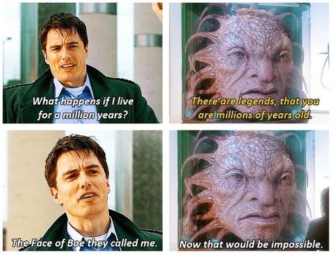 Day 4: favorite alien. Captain Jack/The Face of Boe. Realizing they were one in the same was a total mind-blow moment. Jack is always fun, and later on the Face of Boe brought the Doctor hope again. YANA. Doctor X Jack, Face Of Boe, Doctor Who Funny, Captain Jack Harkness, Jack Harkness, John Barrowman, Tv Doctors, 10th Doctor, Tenth Doctor