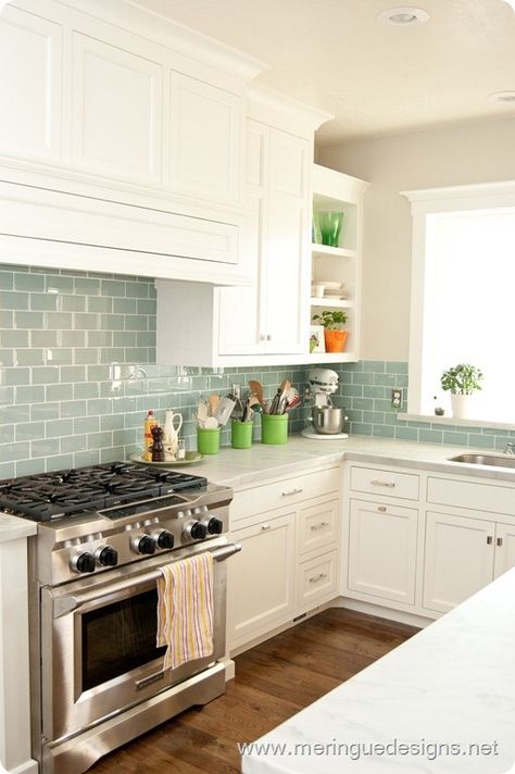 Mint green tile backsplash Backsplash Options, Raw Kitchen, Blue Subway Tile, Classic Kitchen, Kitchen Farmhouse, Backsplash Ideas, Kitchen Redo, House Remodel, Ikea Kitchen