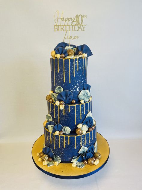 3 Tier Birthday Cake For Man, Navy Blue Marble Cake, Blue And Gold Marble Cake, 3 Tier Cake For Men, Blue Gold Birthday Theme, Blue Gold And White Cake, Tiered Drip Cake, Blue And Gold Graduation Cake, Blue 3 Tier Cake