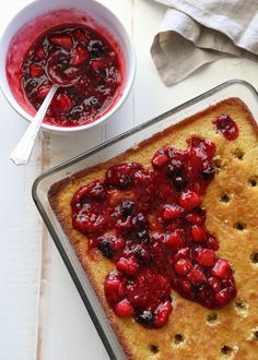 Berry Poke Cake From Scratch Berry Poke Cake, Cake Without Flour, Soft Vanilla Cake, Jello Parfait, Completely Delicious, One Layer Cakes, Fig Cake, Cake From Scratch, Berry Sauce