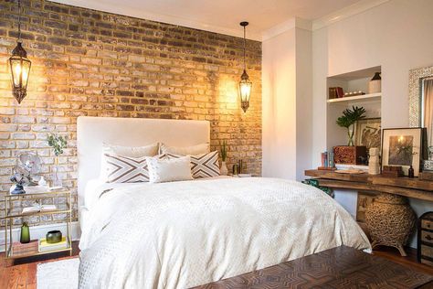 Brick Wall In Bedroom, Brick Wall Interior Bedroom, Exposed Brick Walls Bedroom, Bedroom With Brick Wall, Bedroom Exposed Brick, Brick Accent Wall Bedroom, Brick Bedroom Wall, Brick Bedroom Ideas, Exposed Brick Bedroom