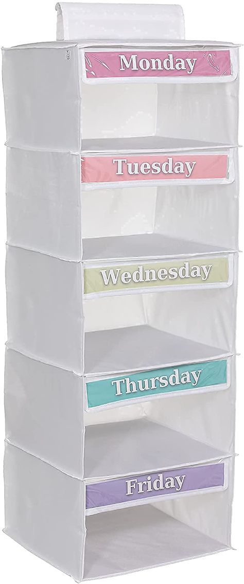 Weekly Clothes Organizer, School Clothes Organization, Hanging Closet Shelves, Outfits For The Week, Kids Toy Chest, Kids Clothes Organization, Kid Responsibility, Clothes Closet Organization, Hanging Closet Organizer