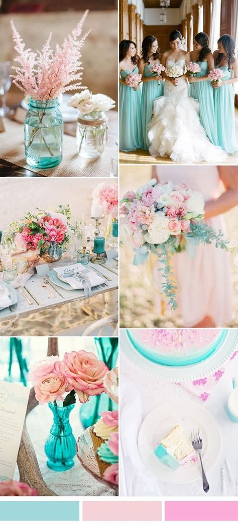 aqua and pink wedding color palette idea for spring summer 2017 Wedding Color Schemes Summer, Wedding Color Palette Summer, Pink Wedding Colors, Wedding Color Pallet, Blossom Wedding, Wedding Themes Summer, Aqua Wedding, Spring Wedding Colors, Summer Wedding Colors