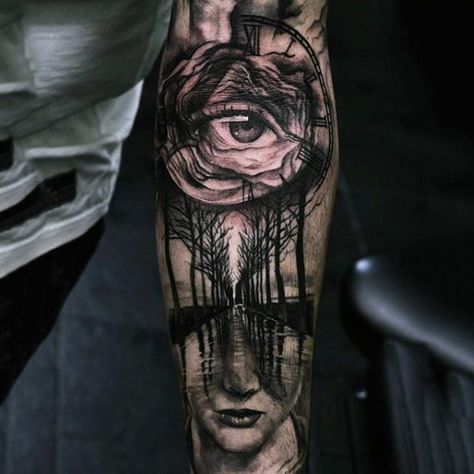 Mens Sleeves Lonely Path With Trees And Eye Clock Tattoo Worlds Best Tattoos, Clock Tattoo, Detailed Tattoo, Tattoo Designs For Men, Gemini Sign, Urban Threads, Forest Mountain, Tattoo Magazines, Best Sleeve Tattoos