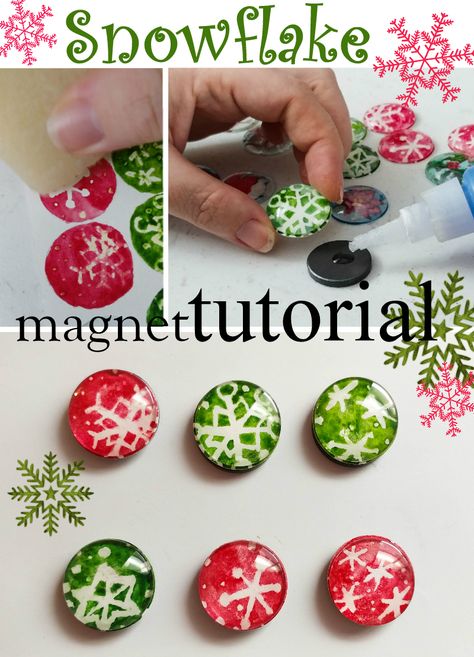 Watercolor Snowflake Magnet Tutorial #ChristmasDIY #christmas #christmascrafts #christmasgifts #diygifts #MagnetCrafts #snowflakecraft Diy Christmas Magnets, Christmas Magnets Diy, Winter Magnet Crafts For Kids, Christmas Magnets, Marble Magnets Diy, Diy Marbled Ornaments, Glass Gem Magnets, Diy Magnets, December Crafts