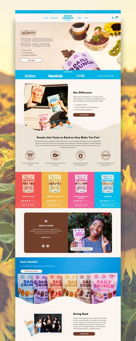 Daily Crunch Shopify food website Nuts Website Design, Packaging Website Design, Website Product Design, Subscription Website Design, Shopify Design Inspiration, Vacation Website Design, Funny Website Design, Digital Product Website Design, One Product Website Design