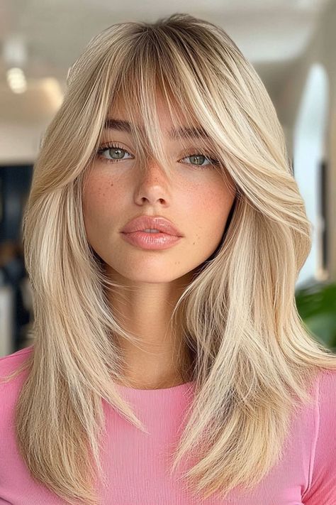 Curtain Bangs With Brown Hair, Blond Layered Bob, Haircuts Women 2024, Bangs With Brown Hair, Platinum Blonde With Bangs, Short Hair Layers Curtain Bangs, Blond Curtain Bangs, Blond Hair Bangs, Medium Curtain Bangs