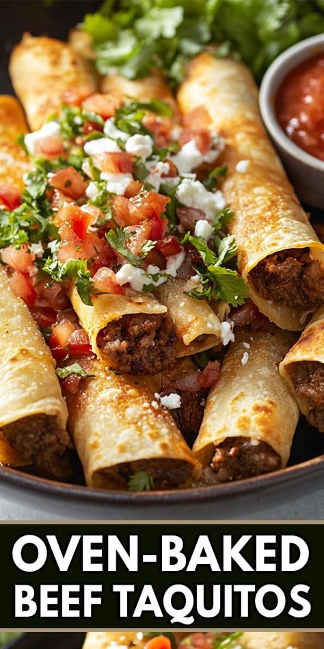 Oven-Baked Beef Taquitos Ingredients: 1 lb ground beef 1/2 cup diced onion 2 cloves garlic, minced 1 tablespoon chili powder 1 teaspoon cumin 1 teaspoon smoked paprika 1/2 teaspoon salt 1/4 teaspoon black pepper 1/2 cup shredded cheddar cheese 10 small corn tortillas Olive oil spray or brush-on olive oil Salsa, guacamole, and sour cream for serving #Oven-baked #Beef #Quickrecipe Ground Beef Taquitos Recipe, Beef Taquitos, Baked Taquitos, Taquitos Beef, Savoury Finger Food, Taquitos Recipe, Salsa Guacamole, Shredded Cheddar Cheese, Olive Oil Spray