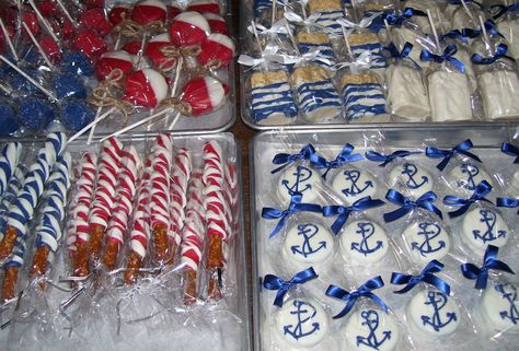 Red White and Blue Nautical Themed Favors.. Red and Blue Marshmallow Pops, Fishing Bobber Oreo Pops, Red, White and Blue Pretzel Rods, White and Blue Rice Treat Pops and White and Blue Anchor Oreos. To see more visit Marie Grahams on Etsy.com Nautical Treats, Nautical Candy Bar, Nautical Baby Shower Food, Chocolate Pretzel Rods, Edible Party Favors, Sailor Baby, Candy Bar Wedding, Pretzel Rods, Oreo Pops