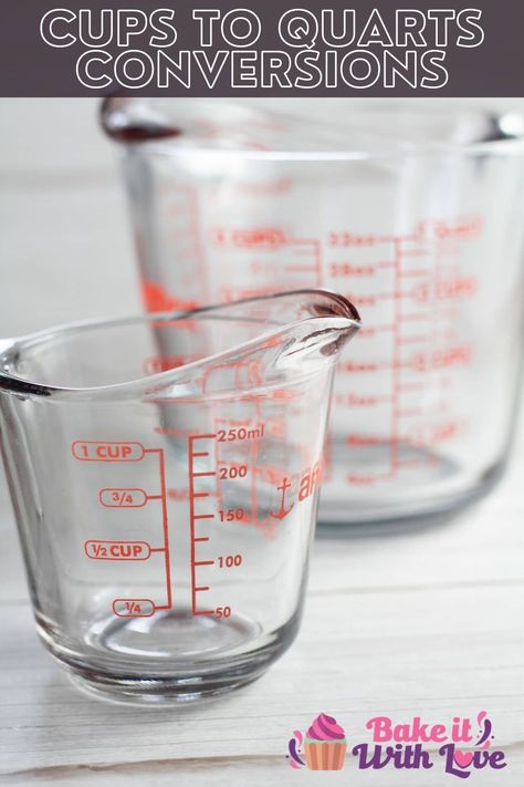 Knowing how many cups in a quart is one of the many kitchen conversions that will be useful for cooking, baking, and more! Everything you need to know, including a useful conversion chart, can be found right here! With these tips and tricks, you can switch back and forth between cups and quarts easier than ever! BakeItWithLove.com How Many Cups In A Quart, Kitchen Conversions, Baking Conversions, Cooking Measurements, Food Substitutions, Grandmas Kitchen, Pint Of Beer, Liquid Measuring Cup, Family Favorite Meals