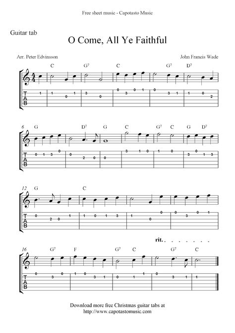 Free Printable Sheet Music: O Come, All Ye Faithful, easy free Christmas guitar sheet music and guitar tabs Ukulele Fingerpicking Songs, Classical Guitar Sheet Music, Easy Notes, Christmas Guitar, Guitar Tabs Acoustic, Guitar Tablature, Learn Guitar Songs, Free Printable Sheet Music, O Come All Ye Faithful