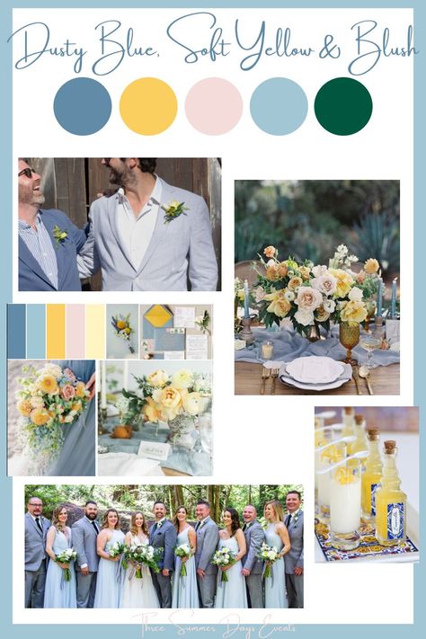 This dusty blue and soft yellow wedding color palette is perfect for a spring vineyard wedding to contrast all the verdant green. It can be super elegant or perfect for a rustic wedding and any occasion in between. Dusty Blue And Light Yellow Wedding, Dusty Blue Pink And Yellow Wedding, Dusty Blue And Yellow Wedding Flowers, Light Blue And Pastel Yellow Wedding, Powder Blue And Yellow Wedding, Dusty Blue And Soft Yellow Wedding, Wedding Color Yellow Schemes, Dusty Blue Yellow Wedding Theme, Blue And Yellow Summer Wedding