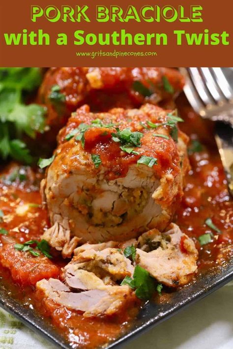 Pork Tenderloin Roll Up, Pork Braciole Recipe, Stuffed Pork Tenderloin Recipes, Pork Braciole, Pork Tenderloin Stuffed, Sunday Family Dinner, Braised Meat, Braciole Recipe, Homemade Marinara Sauce