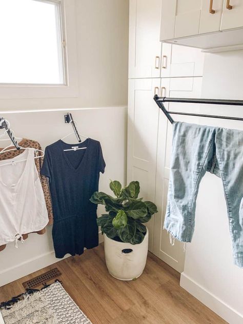 Small laundry room storage ideas. We have a fairly small laundry room. So when we renovated it last year we hunted high and low for the best drying rack solutions for our small space. In this post I have shared what we ended up choosing! Tiny Laundry Room Ideas Space Saving Small Apartments, Laundry Drying Rack Ideas, Laundry Room Clothes Hanger, Laundry Room Drying Rack Ideas, Small Laundry Room Storage Ideas, Small Laundry Room Storage, Laundry Storage Cabinet, Laundry Hanging Rack, Clothes Rack Design