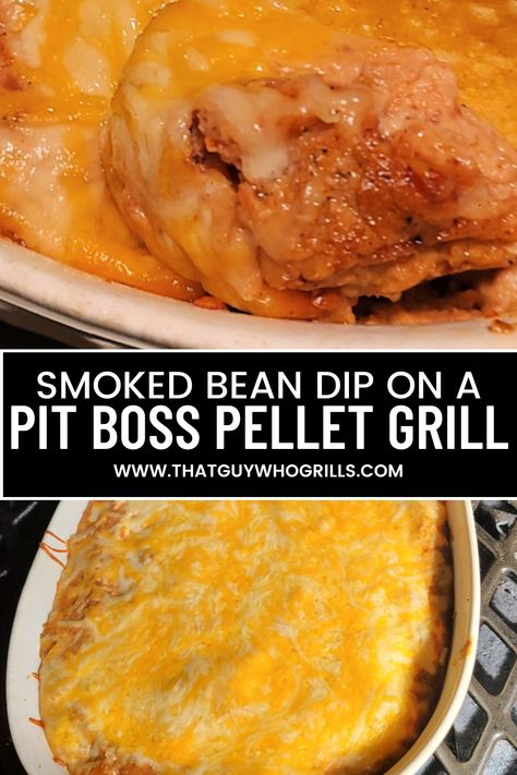 Love beans; this dip is an amazing side dish or appetizer to make! This Smoked Refried Bean Dip Recipe Made On A Pit Boss Smoker is perfect for Cinco De Mayo, Taco Tuesday, or tailgating! So easy to make! Add in Jalapenos for a kick, chicken, beef, chorizo, or more to make the dip even more filling as well! Pin to your smoked foods Pinterest board for later! Grill Dip Recipes, Smoked Bean Dip, Dips In The Smoker, Dips On Smoker, Traeger Smoked Queso Dip, How To Make Bean Dip From Refried Beans, Bean Dip Recipes Refried, How To Make Beans, Refried Bean Dip