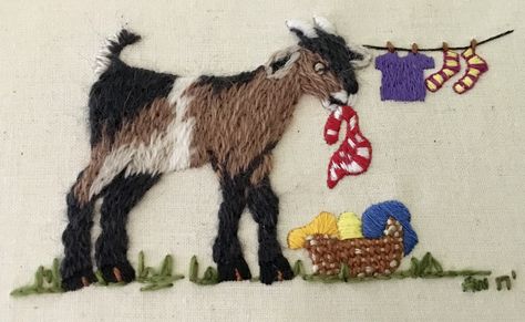 Little Goat "Washday"design by Jenny McWhinney Stitched by Avis Withers anniesneed Farm Embroidery, Brazilian Embroidery Stitches, Embroidery Stitches Beginner, Hand Embroidery Patterns Flowers, Animal Cross Stitch Patterns, Brazilian Embroidery, Embroidery On Clothes, Animal Embroidery, Hand Embroidery Art