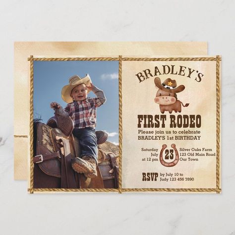 Cute baby horse in a felt hat first rodeo rustic vintage photo birthday invitation First Rodeo Invitations, Cowboy Party Invitations, Rodeo Birthday Invitations, Rodeo Birthday Party, Cowboy Themed Birthday Party, First Rodeo Birthday, Rodeo Birthday Parties, Baby Horse, Western Birthday Party