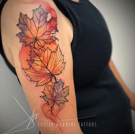 Autumn Tattoo Sleeve, Fall Foliage Tattoo, Fall Tattoo Sleeve, Outdoors Tattoos For Women, Autumn Leaf Tattoo, Fall Leaf Tattoo, Autumn Leaves Tattoo, Fall Inspired Tattoos, Fall Tattoo Ideas Autumn