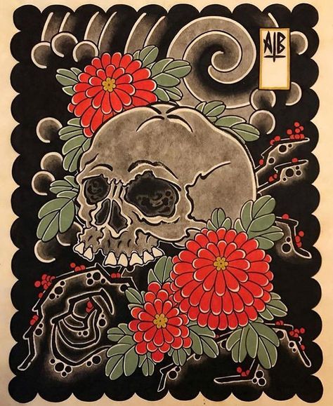 Gemstone Tattoo, Japanese Skull, Boarders Designs, Japanese Wave Tattoos, Japanese Floral Design, Tattoo Style Art, Tattoo Japanese Style, Skeleton Tattoos, Irezumi Tattoos