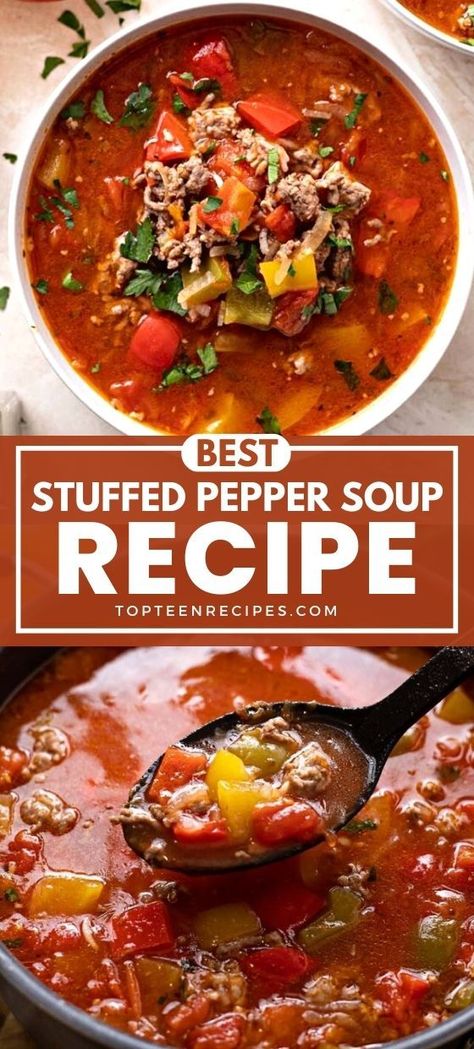 Stuffed bell pepper soup is a flavorful and hearty soup that is made with fresh yellow, green, and red bell peppers, ground beef and ground pork, Basmati rice, and a lot of tomatoes! It is very easy to prepare and you can use leftover stuffed pepper filling for this stuffed pepper soup recipe. Best Stuffed Pepper Soup, Classic Stuffed Peppers Recipe, Stuffed Pepper Soup Recipe, Green Pepper Soup, Pepper Soup Recipe, Bell Pepper Soup, Bell Pepper Recipes, Homemade Soup Recipe, Stuffed Pepper