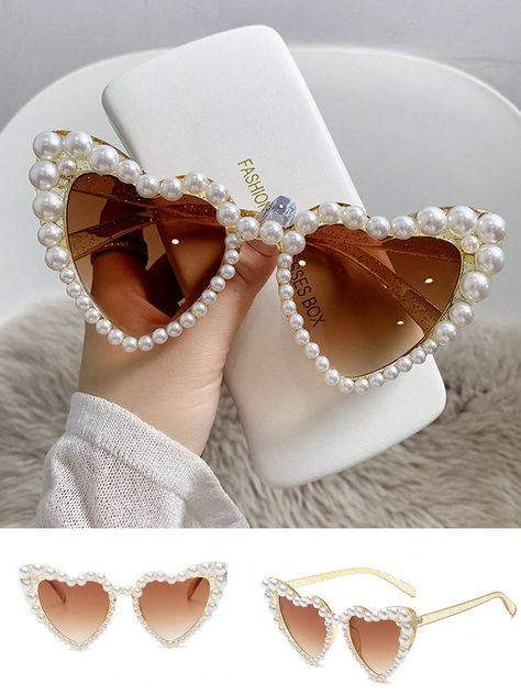 Bronze  Collar  PC   Embellished   Event & Party Supplies Pearl Frame, Heart Glasses, Bride Fashion, Trendy Beach, Heart Sunglasses, Bridal Brunch, Micro Wedding, Blue Peach, Bride Style