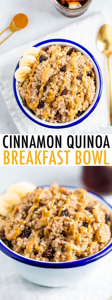 Have quinoa for breakfast with this easy cinnamon raisin quinoa breakfast bowl. It's vegan, gluten-free and the quinoa packs in a good amount of protein. #eatingbirdfood Quinoa Breakfast Bowl Healthy, Breakfast Bowl Healthy, Quinoa For Breakfast, Breakfast Bowl Vegan, Cinnamon Quinoa, Breakfast Cinnamon, Quinoa Breakfast Bowl, Healthy Breakfast Bowls, Quinoa Breakfast