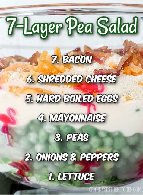 Creamy, savory, and cravable! This one pot overnight salad is always a hit at holidays and cookouts! Overnight Salad Layered, Best 7 Layer Salad, Junkyard Salad, Overnight Salad Recipe, Cold Entrees, Easy Pea Salad, Layered Salad With Peas, 7 Layer Salad Recipe, Bake Macaroni