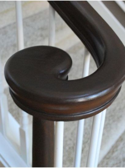 staircase up close Dark Walnut Banister, Newel Posts For Stairs Wood, Redo Banister, Walnut Bannister, Walnut Banister, Stain Staircase, Stain Banister, Staircase Redo, Stained Staircase