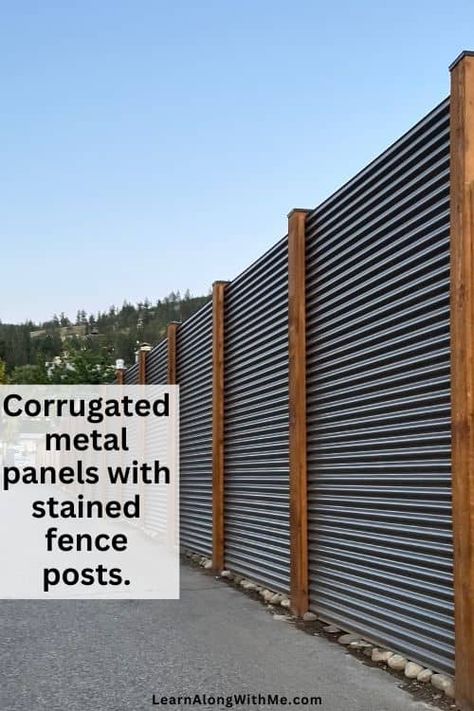 Sheet Metal Fence Ideas, Metal Fence Ideas, Best Privacy Fence, Sheet Metal Fence, Good Neighbor Fence, Privacy Fence Ideas, Metal Fence Panels, Fence Stain, Privacy Trees