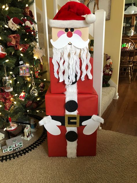 Santa Decorations Christmas, Santa Wrapped Presents, Santa Gift Box Ideas, Santa Presents Wrapping, Santa Box Ideas, Snowman Boxes Christmas, Santa Decorations Diy Ideas, Santa Wrapping Ideas For Kids, Santa Box Diy