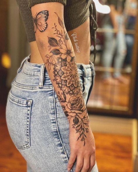 Unique Sleeve Tattoos For Women, Unique Sleeve Tattoos, Half Sleeve Tattoo Upper Arm, Unique Half Sleeve Tattoos, Arm Sleeve Tattoos For Women, Feminine Tattoo Sleeves, Forarm Tattoos, Floral Tattoo Sleeve, Forearm Tattoo Women