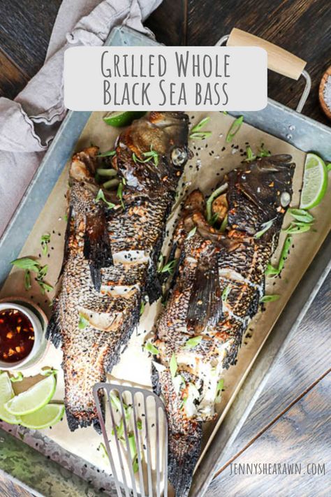 Whole Black Sea Bass Recipe, Whole Sea Bass Recipes, Black Sea Bass Recipe, Black Bass Fish, Ginger Marinade, Whole Fish Recipes, Sea Bass Recipes, Bbq Fish, Apple Butter Recipe