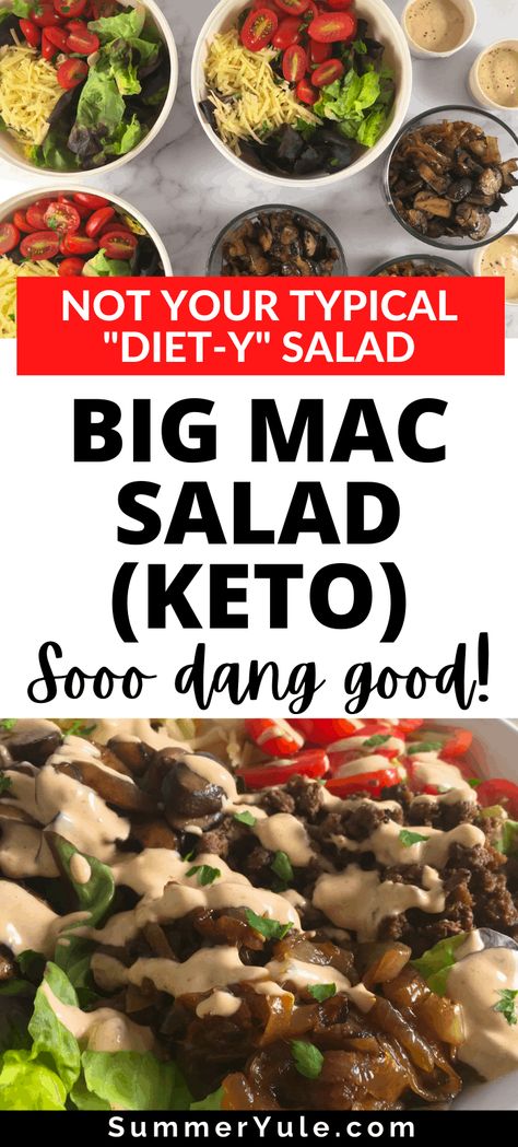 This keto Big Mac salad bowl is a filling meal with under 10 grams net carbs per serving! Feed your fastfood burger craving the low carb way! Hamburger Salad Bowl, High Protein Big Mac Bowl, Keto Big Mac Salad, Copycat Salad, Big Salad Bowl, Healthy Mcdonalds, Cheeseburger Salad Recipe, Keto Big Mac, Salad Bowl Recipes