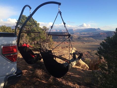 Love to hammock but hate having to find trees that are just the right distance and angle to set up? They are never in just the right place close to your area either! Now you can hammock anywhere with this Hitch Hammock Stand! It accomodates one hammock or two hammock chairs (not included) with ease! Truck Bed Bike Rack, Chair Hammock, Air Chair, Pickup Trucks Bed, Hammock Stands, Truck Tent, Hammock Accessories, Hanging Hammock, Lifted Chevy Trucks