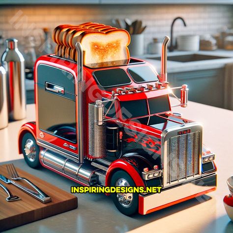 These Semi-Truck Toasters Are the Ultimate Kitchen Upgrade for Truck Lovers Semi Truck Decor, Counter Styling, Semi Trucks Interior, Kitchen Counter Styling, Morning Toast, Weird Thing, Ultimate Kitchen, Kitchen Things, Toasters