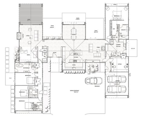 Pavilion Style House Plans, Pavilion House Plans, Modern U Shaped House, H Shaped House Plans Layout, Pavilion Floor Plan, Acerage Homes, U Shaped House Plans, L Shaped House Plans, U Shaped Houses