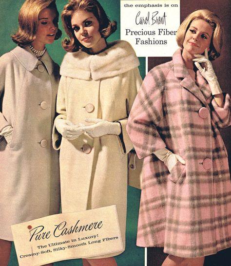 amazing mid mod winter coats late 50s early 60s white cream winter wool pink grey plaid models magazine cashmere vintage fashions style 60s Winter Fashion, Fashion 1960s, Retro Mode, Vintage Winter, Mid Mod, 1960s Fashion, Coat Outfits, Moda Vintage, 60s Fashion