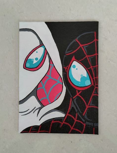 Miles Morales Spiderman Painting, Drawing Ideas Spiderman Miles, Miles Morales And Gwen Stacy Drawing, Posca Pens Art Canvas, Gwen Stacy Painting, Spider Verse Painting, Spiderman Y Gwen Dibujo, Miles Morales Dibujo, Miles Morales Painting